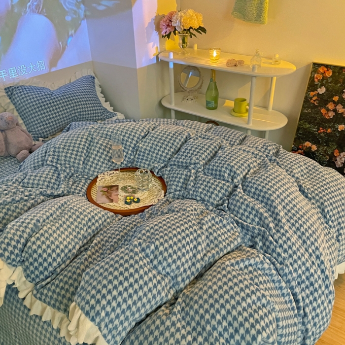 91家纺网 家纺一手货源 找家纺 千朵2021新款韩版法莱绒加厚牛奶绒四件套 蒂芙尼蓝
