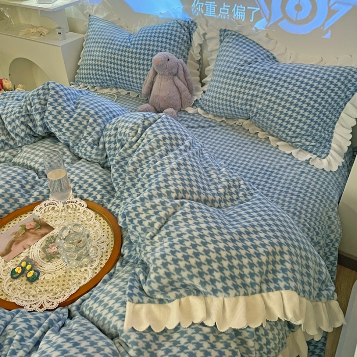 91家纺网 家纺一手货源 找家纺 千朵2021新款韩版法莱绒加厚牛奶绒四件套 蒂芙尼蓝