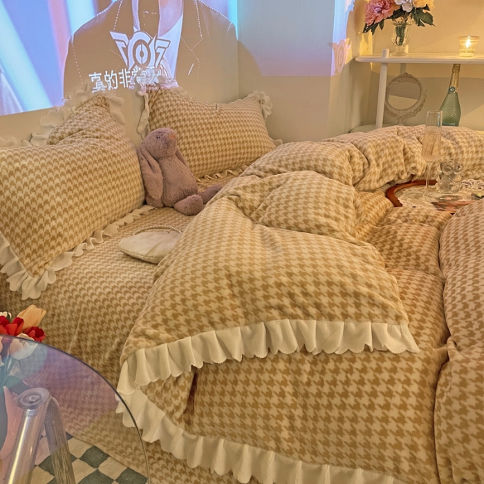 91家纺网 家纺一手货源 找家纺 千朵2021新款韩版法莱绒加厚牛奶绒四件套 米驼咖