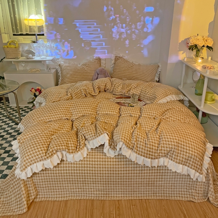 91家纺网 家纺一手货源 找家纺 千朵2021新款韩版法莱绒加厚牛奶绒四件套 米驼咖