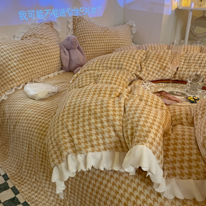 91家纺网 家纺一手货源 找家纺 千朵2021新款韩版法莱绒加厚牛奶绒四件套 米驼咖