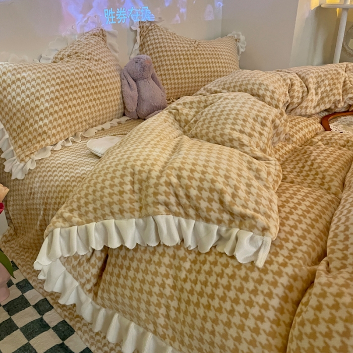 91家纺网 家纺一手货源 找家纺 千朵2021新款韩版法莱绒加厚牛奶绒四件套 米驼咖