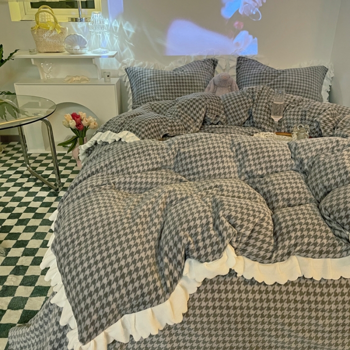 91家纺网 家纺一手货源 找家纺 千朵2021新款韩版法莱绒加厚牛奶绒四件套 绅士灰