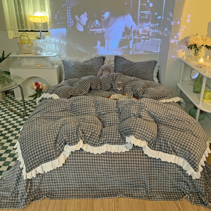 91家纺网 家纺一手货源 找家纺 千朵2021新款韩版法莱绒加厚牛奶绒四件套 绅士灰