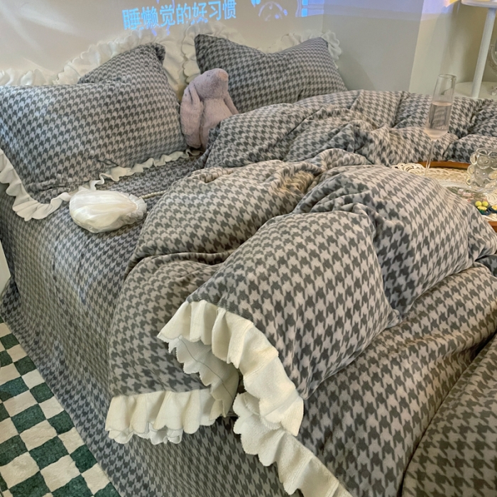 91家纺网 家纺一手货源 找家纺 千朵2021新款韩版法莱绒加厚牛奶绒四件套 绅士灰