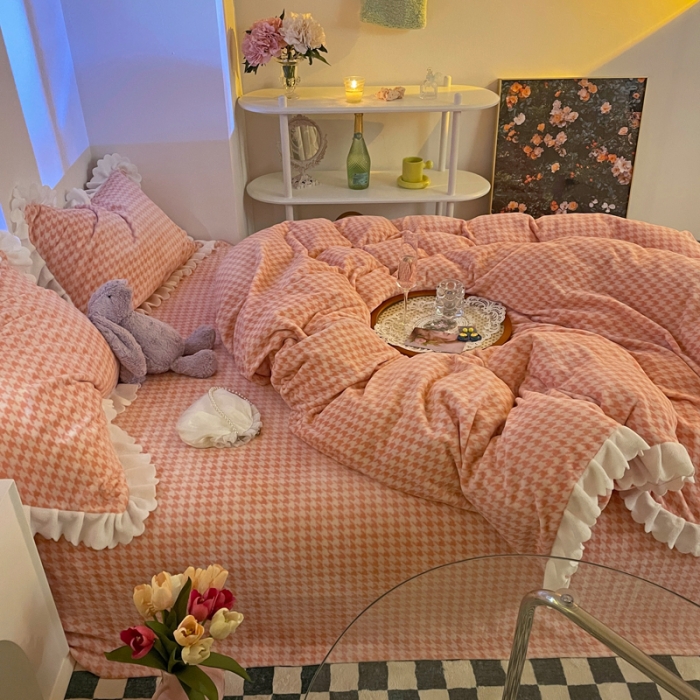 91家纺网 家纺一手货源 找家纺 千朵2021新款韩版法莱绒加厚牛奶绒四件套 樱花粉