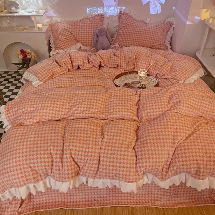 91家纺网 家纺一手货源 找家纺 千朵2021新款韩版法莱绒加厚牛奶绒四件套 樱花粉