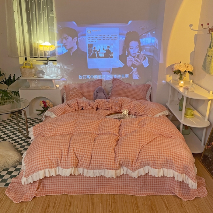 91家纺网 家纺一手货源 找家纺 千朵2021新款韩版法莱绒加厚牛奶绒四件套 樱花粉