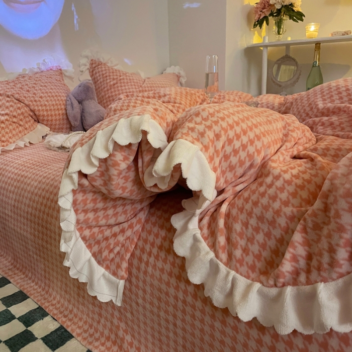 91家纺网 家纺一手货源 找家纺 千朵2021新款韩版法莱绒加厚牛奶绒四件套 樱花粉