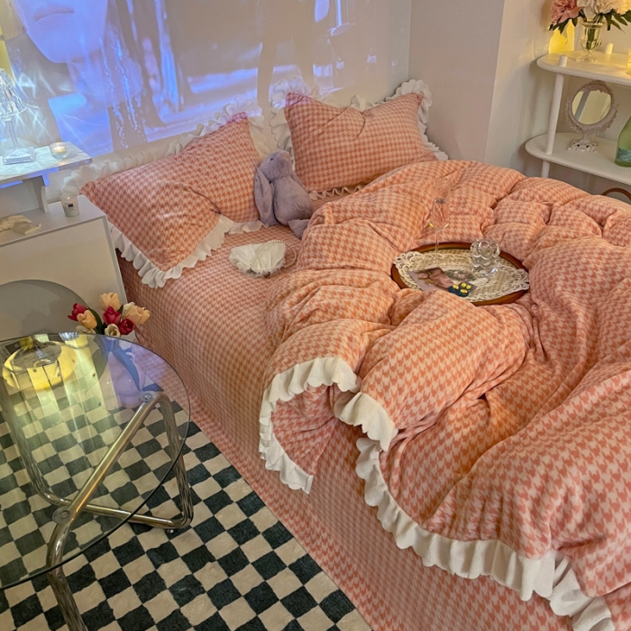 91家纺网 家纺一手货源 找家纺 千朵2021新款韩版法莱绒加厚牛奶绒四件套 樱花粉