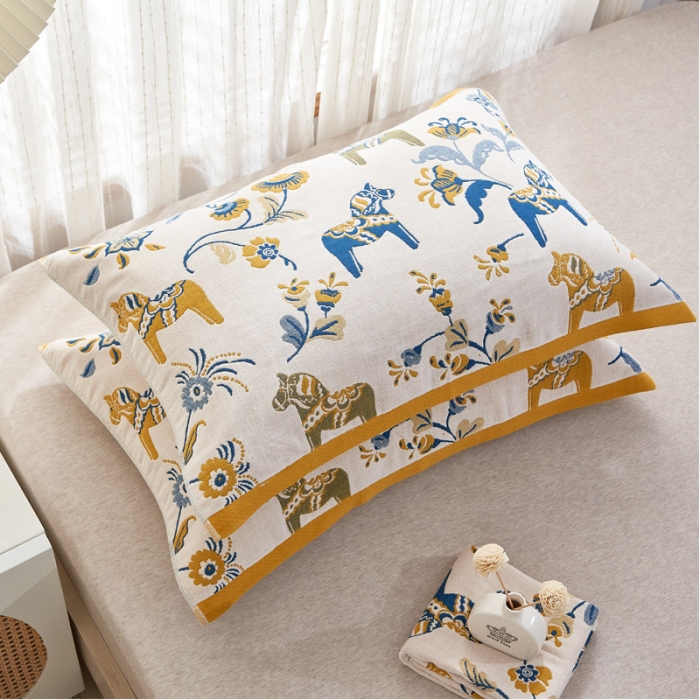 91家纺网 家纺一手货源 找家纺 朴尔2021年新款全棉多彩四层纱布枕巾 花园马-驼