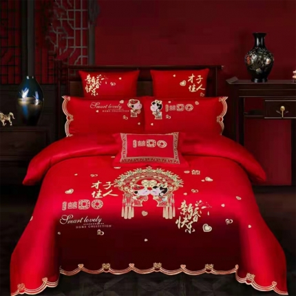 91家纺网 家纺一手货源 找家纺 （总）梦丝语家纺婚庆四件套长绒棉全棉圆角床单式一件代发