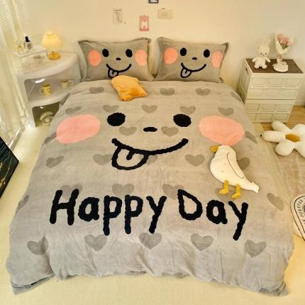 91家纺网 家纺一手货源 找家纺 慕尚 2022新款北欧牛奶绒大版四件套实拍图暖光 可爱笑脸