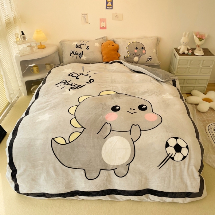 91家纺网 家纺一手货源 找家纺 慕尚 2022新款北欧牛奶绒大版四件套实拍图暖光 快乐恐龙