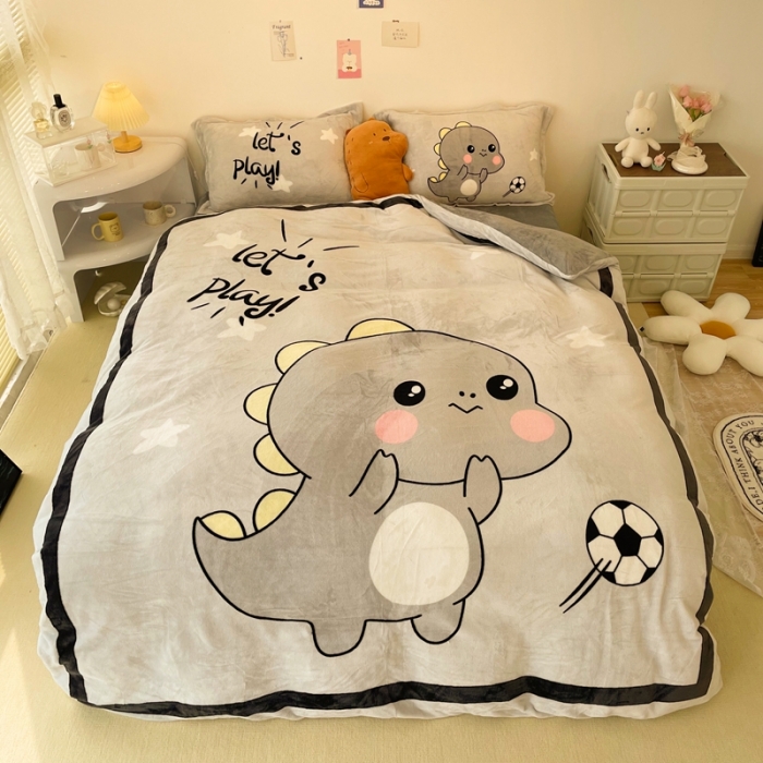 91家纺网 家纺一手货源 找家纺 慕尚 2022新款北欧牛奶绒大版四件套实拍图暖光 快乐恐龙