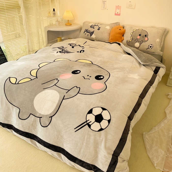 91家纺网 家纺一手货源 找家纺 慕尚 2022新款北欧牛奶绒大版四件套实拍图暖光 快乐恐龙