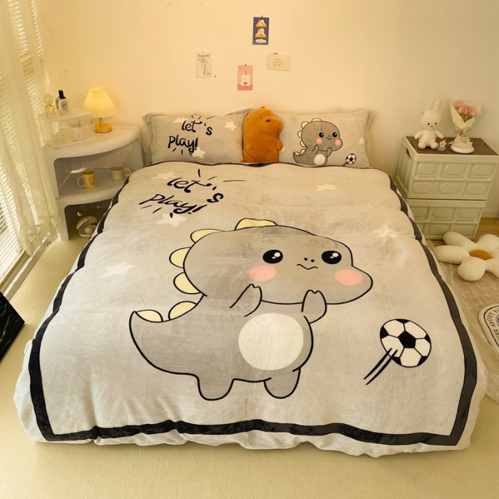 91家纺网 家纺一手货源 找家纺 慕尚 2022新款北欧牛奶绒大版四件套实拍图暖光 快乐恐龙