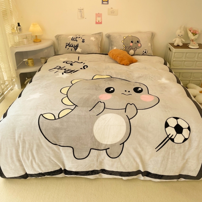 91家纺网 家纺一手货源 找家纺 慕尚 2022新款北欧牛奶绒大版四件套实拍图暖光 快乐恐龙