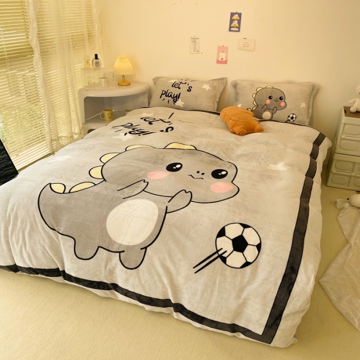 91家纺网 家纺一手货源 找家纺 慕尚 2022新款北欧牛奶绒大版四件套实拍图暖光 快乐恐龙