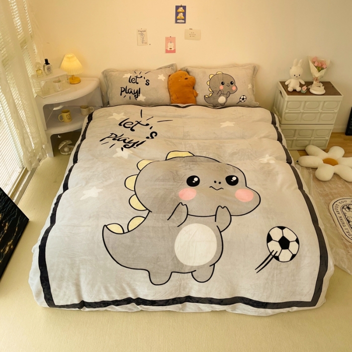 91家纺网 家纺一手货源 找家纺 慕尚 2022新款北欧牛奶绒大版四件套实拍图暖光 快乐恐龙