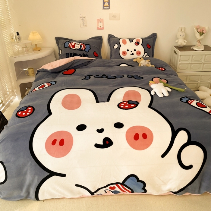 91家纺网 家纺一手货源 找家纺 慕尚 2022新款北欧牛奶绒大版四件套实拍图暖光 奶糖兔