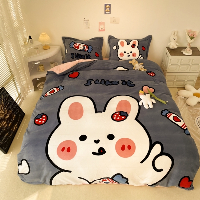 91家纺网 家纺一手货源 找家纺 慕尚 2022新款北欧牛奶绒大版四件套实拍图暖光 奶糖兔