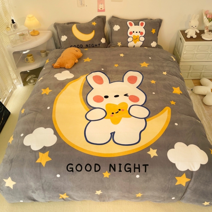 91家纺网 家纺一手货源 找家纺 慕尚 2022新款北欧牛奶绒大版四件套实拍图暖光 月亮兔