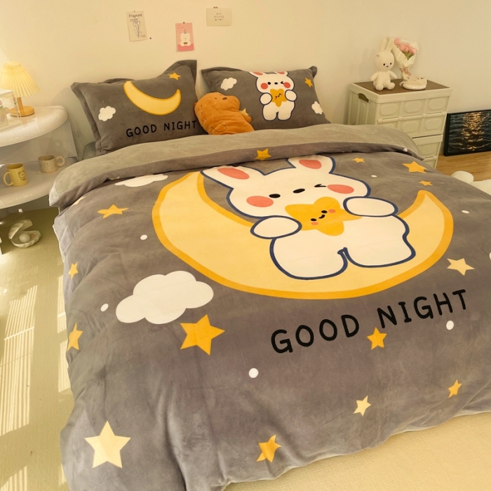 91家纺网 家纺一手货源 找家纺 慕尚 2022新款北欧牛奶绒大版四件套实拍图暖光 月亮兔