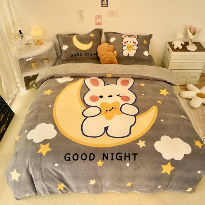 91家纺网 家纺一手货源 找家纺 慕尚 2022新款北欧牛奶绒大版四件套实拍图暖光 月亮兔