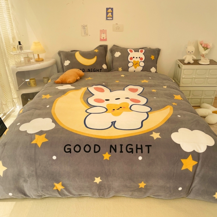 91家纺网 家纺一手货源 找家纺 慕尚 2022新款北欧牛奶绒大版四件套实拍图暖光 月亮兔