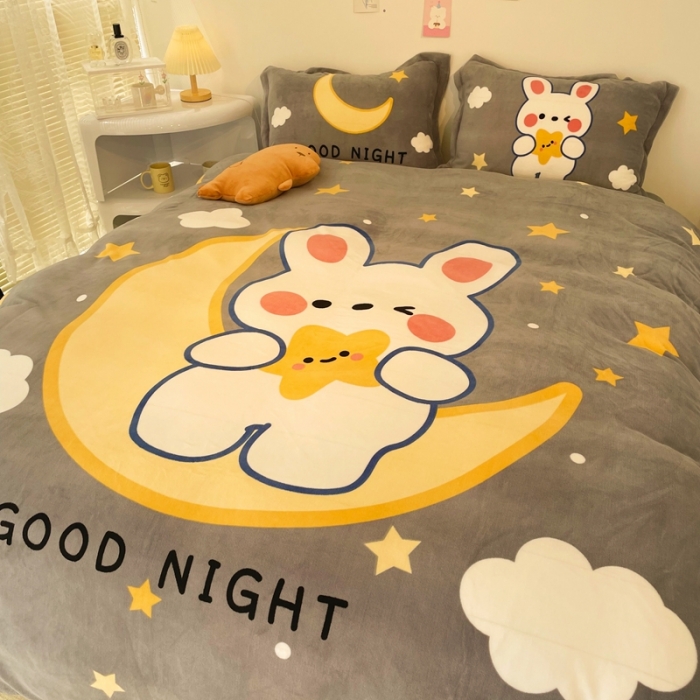 91家纺网 家纺一手货源 找家纺 慕尚 2022新款北欧牛奶绒大版四件套实拍图暖光 月亮兔