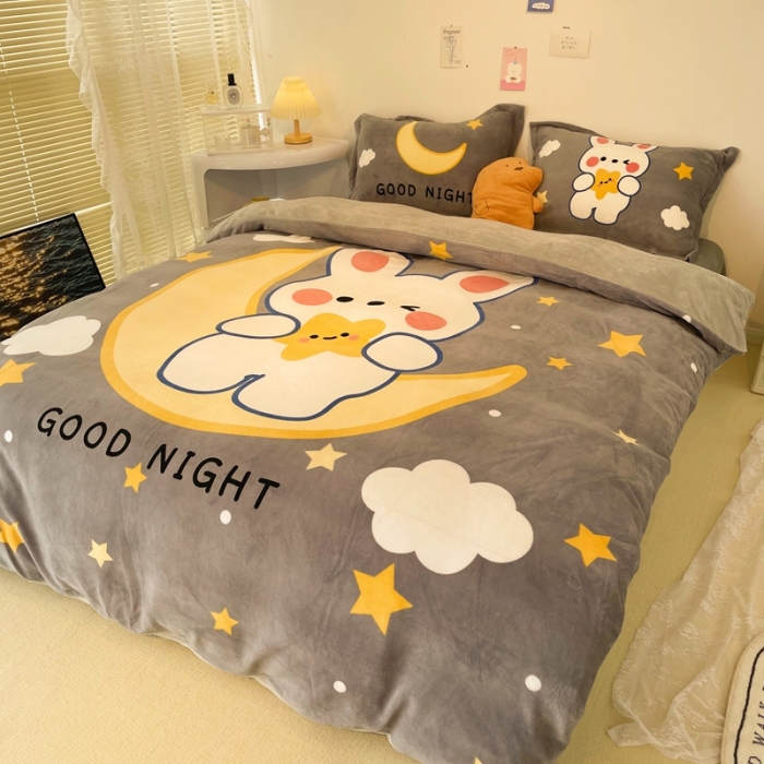 91家纺网 家纺一手货源 找家纺 慕尚 2022新款北欧牛奶绒大版四件套实拍图暖光 月亮兔