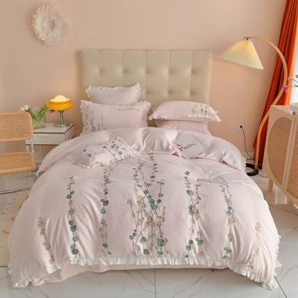 91家纺网 家纺一手货源 找家纺 星尚 2021新款A类进口牛奶绒加厚水晶绒绣花四件套 曼妙舞枝-裸粉