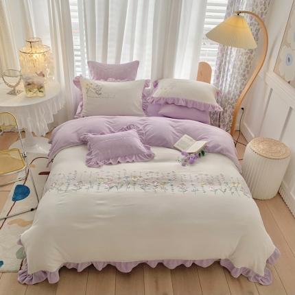 91家纺网 家纺一手货源 找家纺 星尚 2021新款A类进口牛奶绒加厚水晶绒绣花四件套 欣语花园-紫