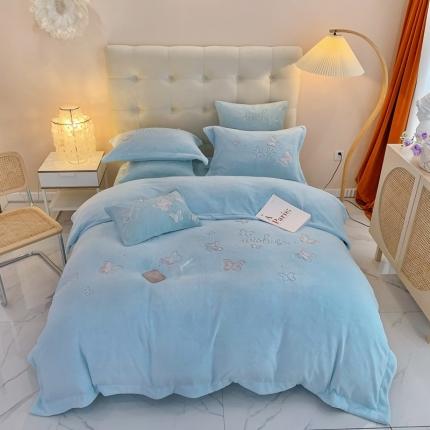 星尚 2021新款A类进口牛奶绒加厚水晶绒绣花四件套 蝴蝶仙子-天蓝