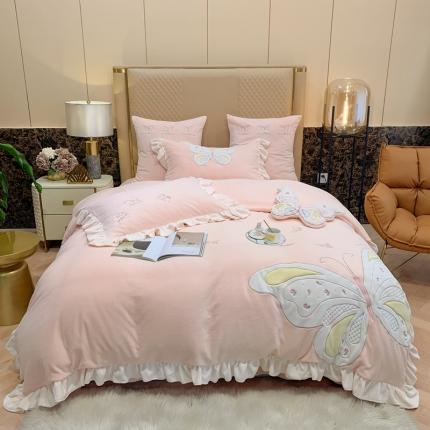 星尚 2021新款A类进口牛奶绒加厚水晶绒绣花四件套 翩翩起舞-淡粉