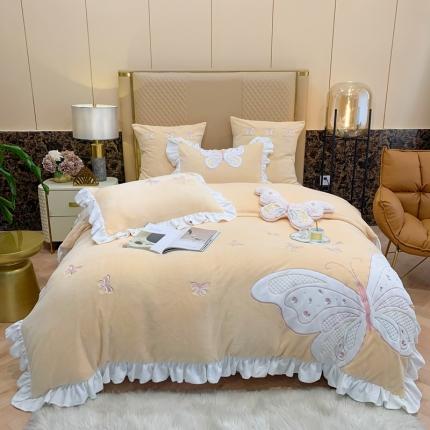 星尚 2021新款A类进口牛奶绒加厚水晶绒绣花四件套 翩翩起舞-鹅黄