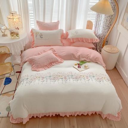 星尚 2021新款A类进口牛奶绒加厚水晶绒绣花四件套 欣语花园-粉