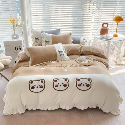 91家纺网 家纺一手货源 找家纺 懒猫家纺 2021新款牛奶绒毛巾绣四件套实拍图 可可熊-咖