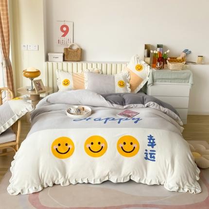 91家纺网 家纺一手货源 找家纺 懒猫家纺 2021新款牛奶绒毛巾绣四件套实拍图 笑脸-灰