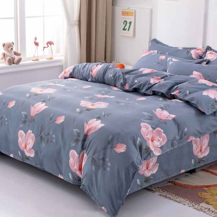 91家纺网 家纺一手货源 找家纺 佑佳家纺 2024新款磨毛印花植物羊绒单被套 花满枝-时尚蓝