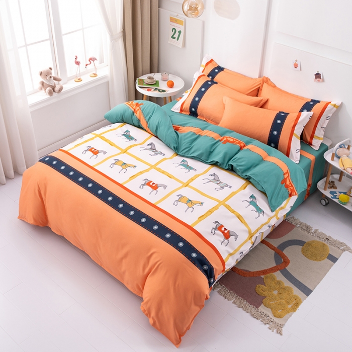 91家纺网 家纺一手货源 找家纺 佑佳家纺 2024新款磨毛印花植物羊绒单被套 奢华爱马仕-浅黄桔