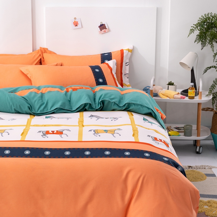 91家纺网 家纺一手货源 找家纺 佑佳家纺 2024新款磨毛印花植物羊绒单被套 奢华爱马仕-浅黄桔