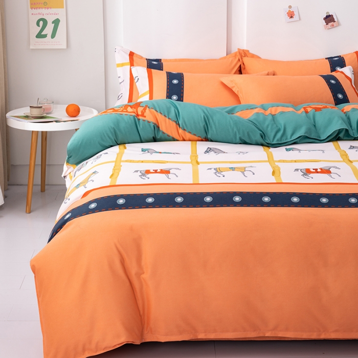 91家纺网 家纺一手货源 找家纺 佑佳家纺 2024新款磨毛印花植物羊绒单被套 奢华爱马仕-浅黄桔