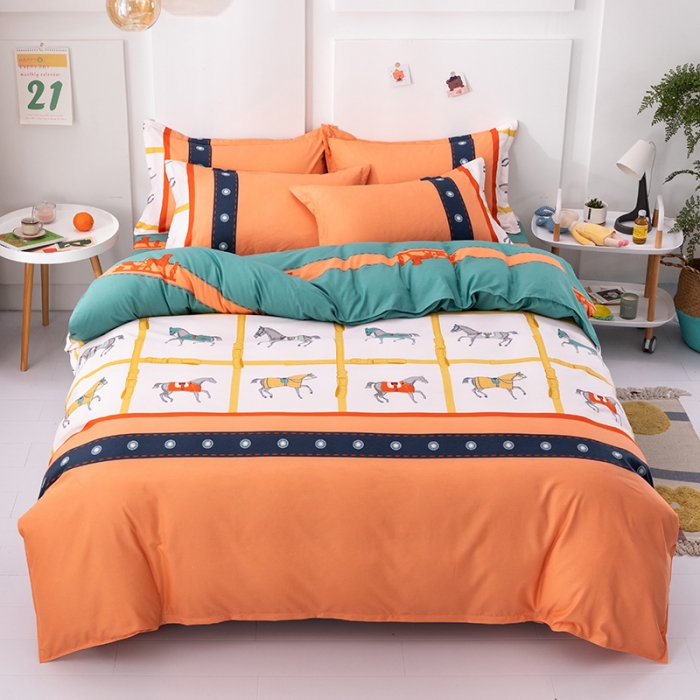 91家纺网 家纺一手货源 找家纺 佑佳家纺 2024新款磨毛印花植物羊绒单被套 奢华爱马仕-浅黄桔