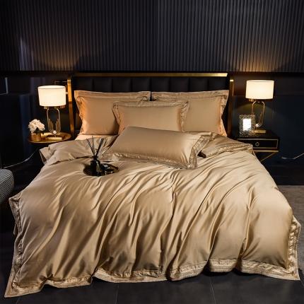 91家纺网 家纺一手货源 找家纺 2024新款高支高密轻奢风长绒棉刺绣绣花四件套千寻系列 香槟金