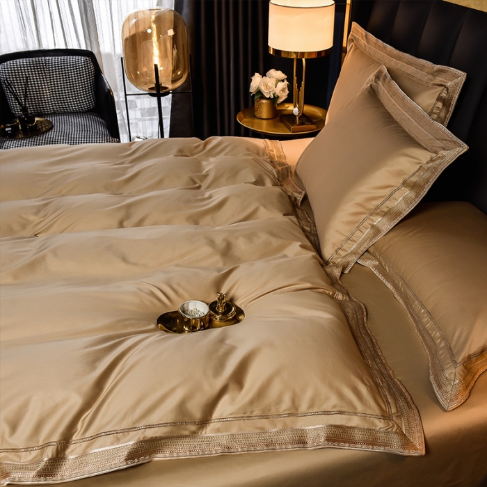 91家纺网 家纺一手货源 找家纺 2024新款高支高密轻奢风长绒棉刺绣绣花四件套千寻系列 香槟金