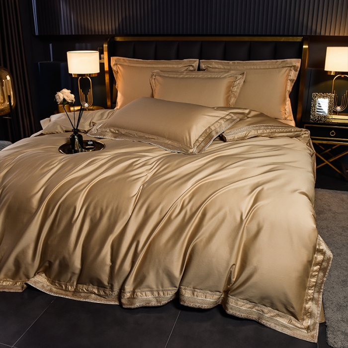 91家纺网 家纺一手货源 找家纺 2024新款高支高密轻奢风长绒棉刺绣绣花四件套千寻系列 香槟金