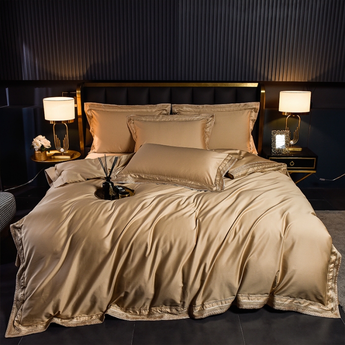 91家纺网 家纺一手货源 找家纺 2024新款高支高密轻奢风长绒棉刺绣绣花四件套千寻系列 香槟金