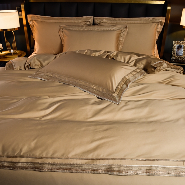 91家纺网 家纺一手货源 找家纺 2024新款高支高密轻奢风长绒棉刺绣绣花四件套千寻系列 香槟金